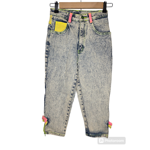 Deadstock  1980's stonewash Kids Capri Jeans Seruchi  color block bows Size 5/6 - Picture 1 of 6